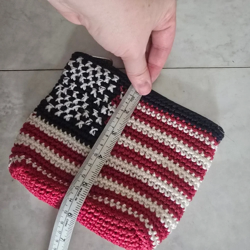 The Sak American Flag Crochet Cosmetic Bag Patriotic Makeup Pouch Red White Blue